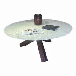 Esstisch La Rotonda Marmor Bianco Carrara Opaco Weiß Gestell Amerikanischer Nussbaum