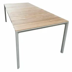 Esstisch Maki Slatted Platte Holz Teak Mit Einlegeplatten Aluminium Lackiert Weiß Gestell Aluminium Lackiert Weiß