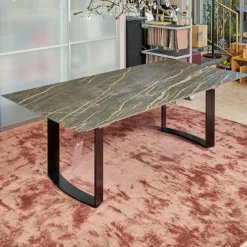 Esstisch Mirado 6171 Platte Keramik Rock Braun Gold Untergestell Kufe Lack Tiefschwarz Mit Klappeinlage