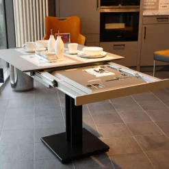 Esstisch Picco Platte Fenix NTM Grigio londra Grau Trägerplatte Lack Matt Grau Säule L70 Matt Tiefschwarz Schwarz Ohne Deko