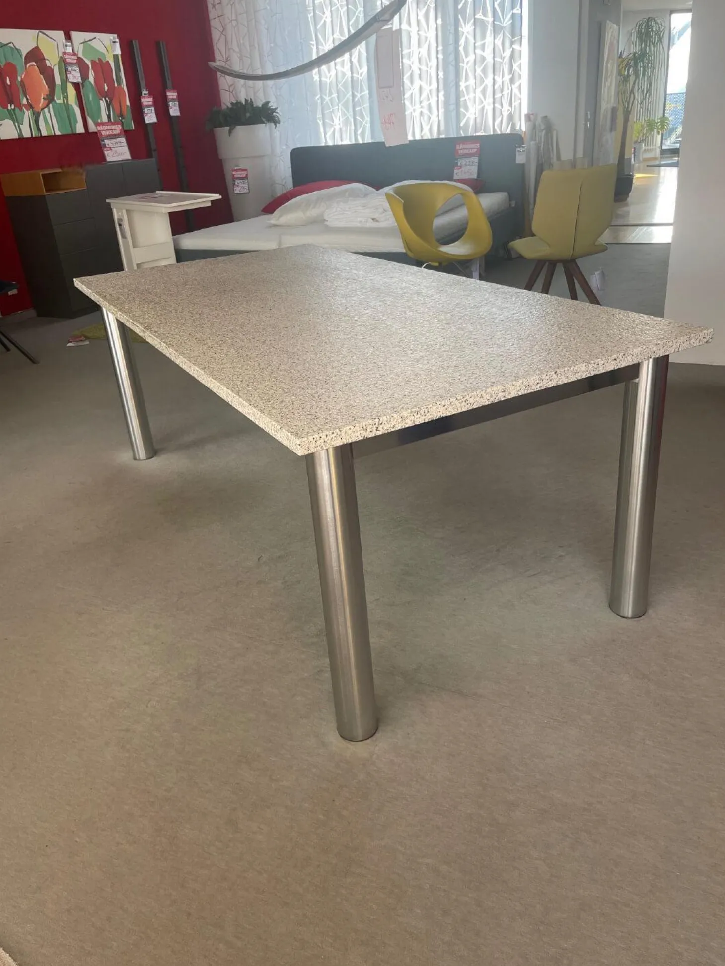 Esstisch Platte Granit Bianco Kristall Grau Gestell Edelstahlrohr