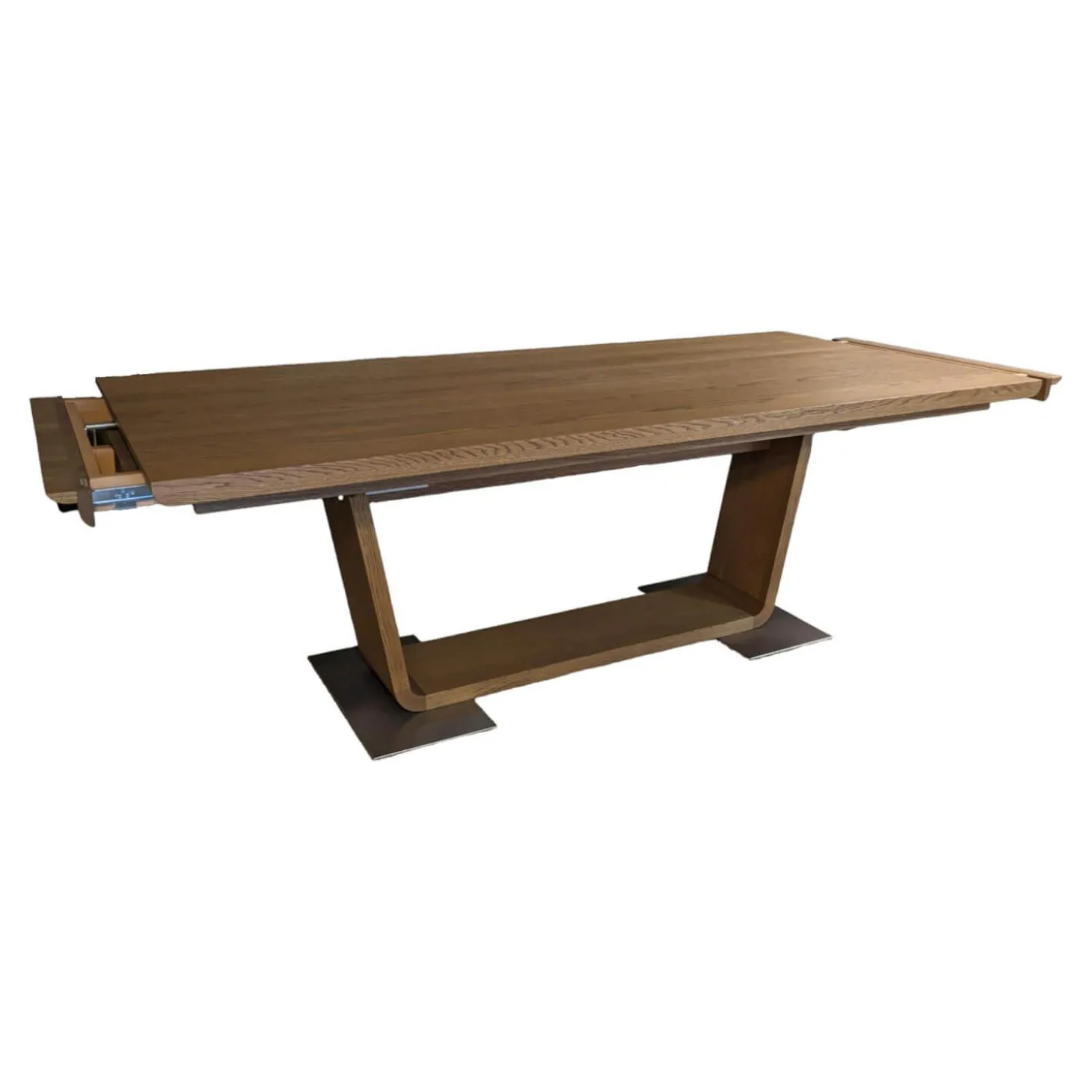 Esstisch Tesso Asteiche In Barrique Mit Bodenplatte Aus Edelstahl Und Einzelbank Smart Leder Maron