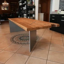 Esstisch Unikat Tischplatte Unikat Ulme Altholz Massiv Gestell Stahlwangen Grau