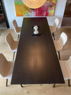 Esstischgruppe Mit Tisch S.A.M. Bois Tischplatte Eiche Massivholz Dunkel Gebeitzt Und 6 Stühlen HAL Soft Wood Stoff Dumet Farbe Beige Melange Gestell Eiche Massivholz Dunkel Gebeitzt