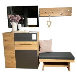 Garderobe V-Organo Wildeiche Rustico Schwarz Akzent Eisen Bezug Sitzbank Leder Anthrazit Grau
