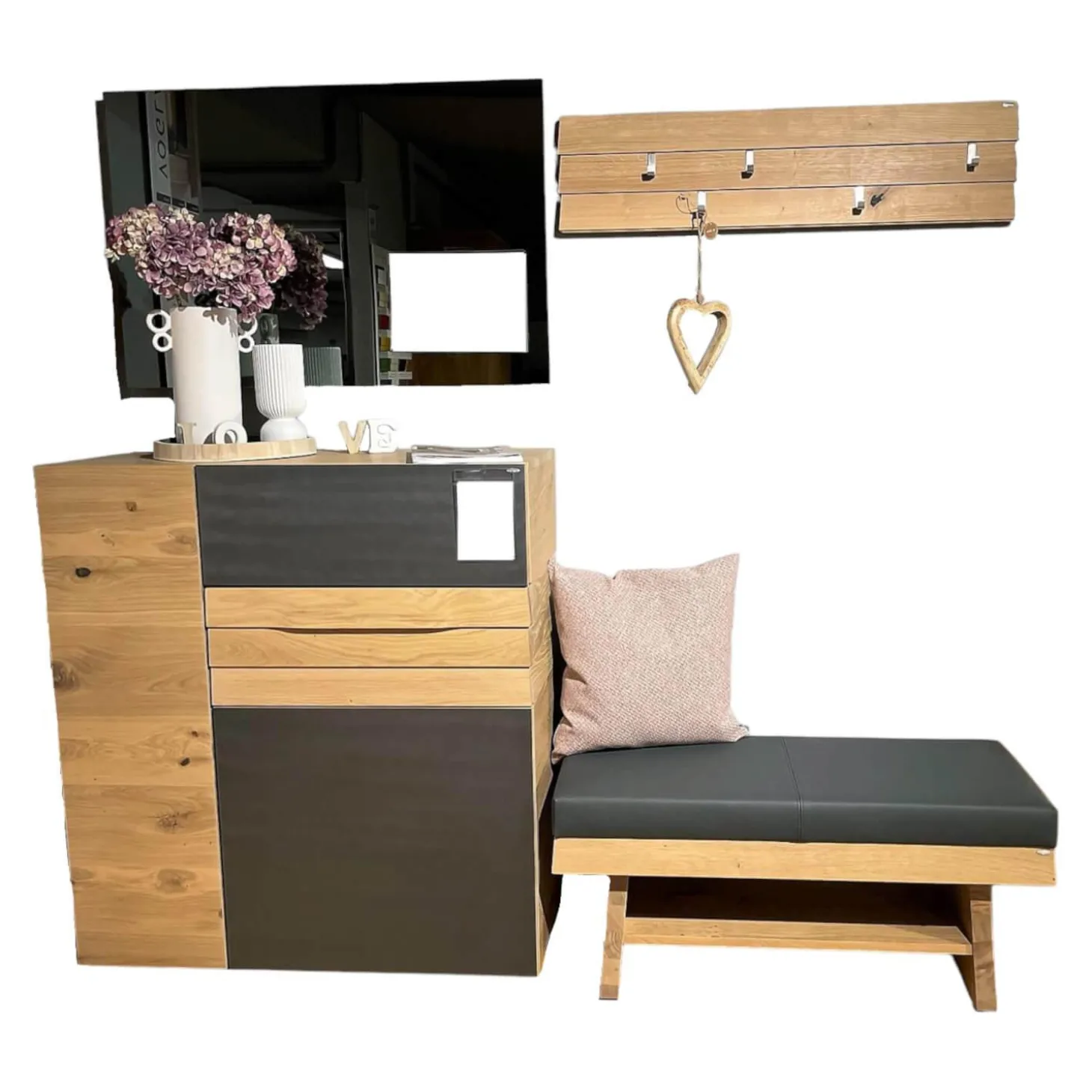 Garderobe V-Organo Wildeiche Rustico Schwarz Akzent Eisen Bezug Sitzbank Leder Anthrazit Grau