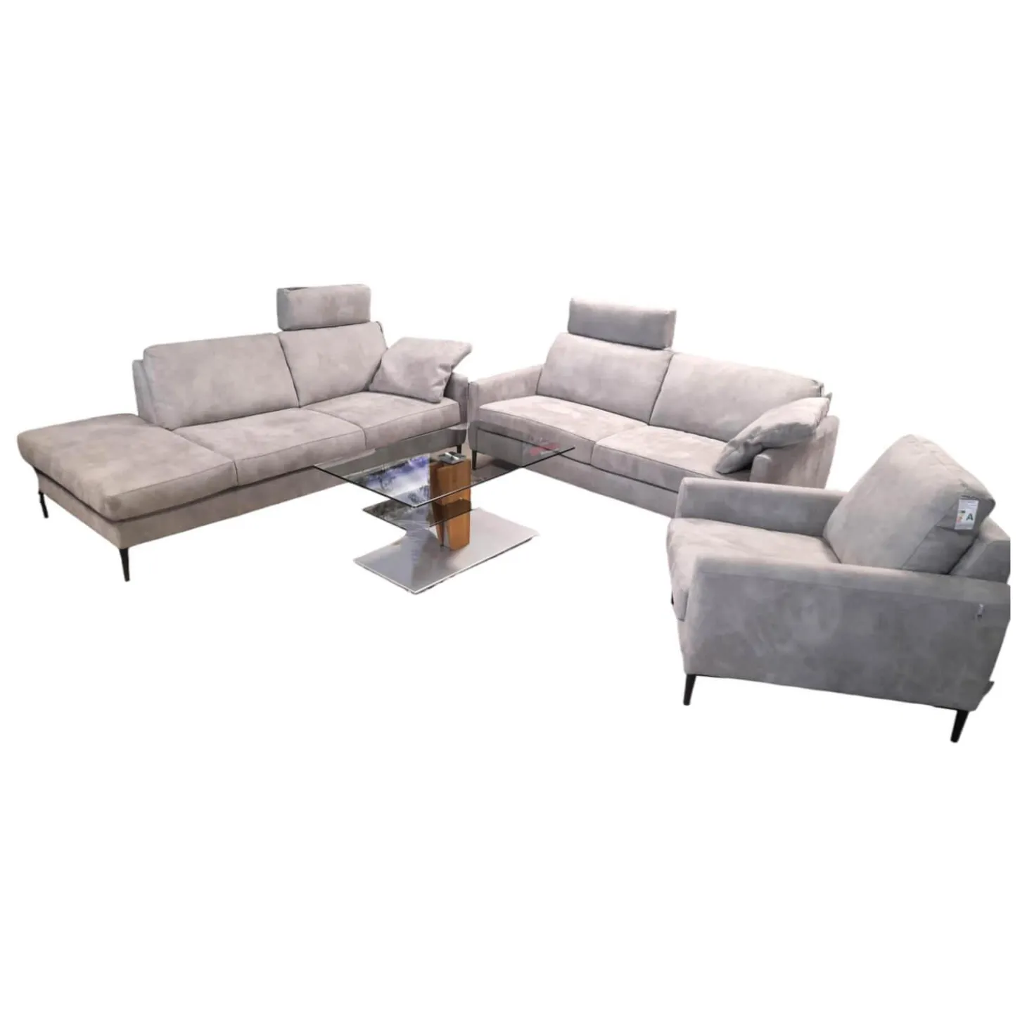 Garnitur 34102 Stoff V 5221 Light Grey Grau Fuß FS 1 Schwarz mit Sessel