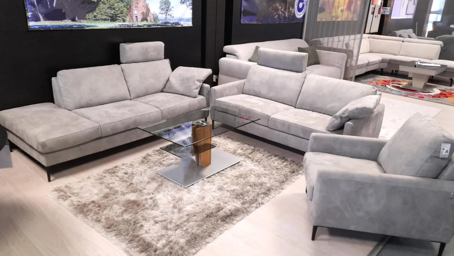 Garnitur 34102 Stoff V 5221 Light Grey Grau Fuß FS 1 Schwarz mit Sessel