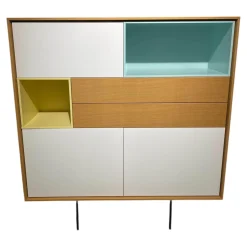 Highboard Aura Eiche Sägegrau Absetzung Weiß Vanille Lichtgrün Fuß Zylinder Graphit Schwarz