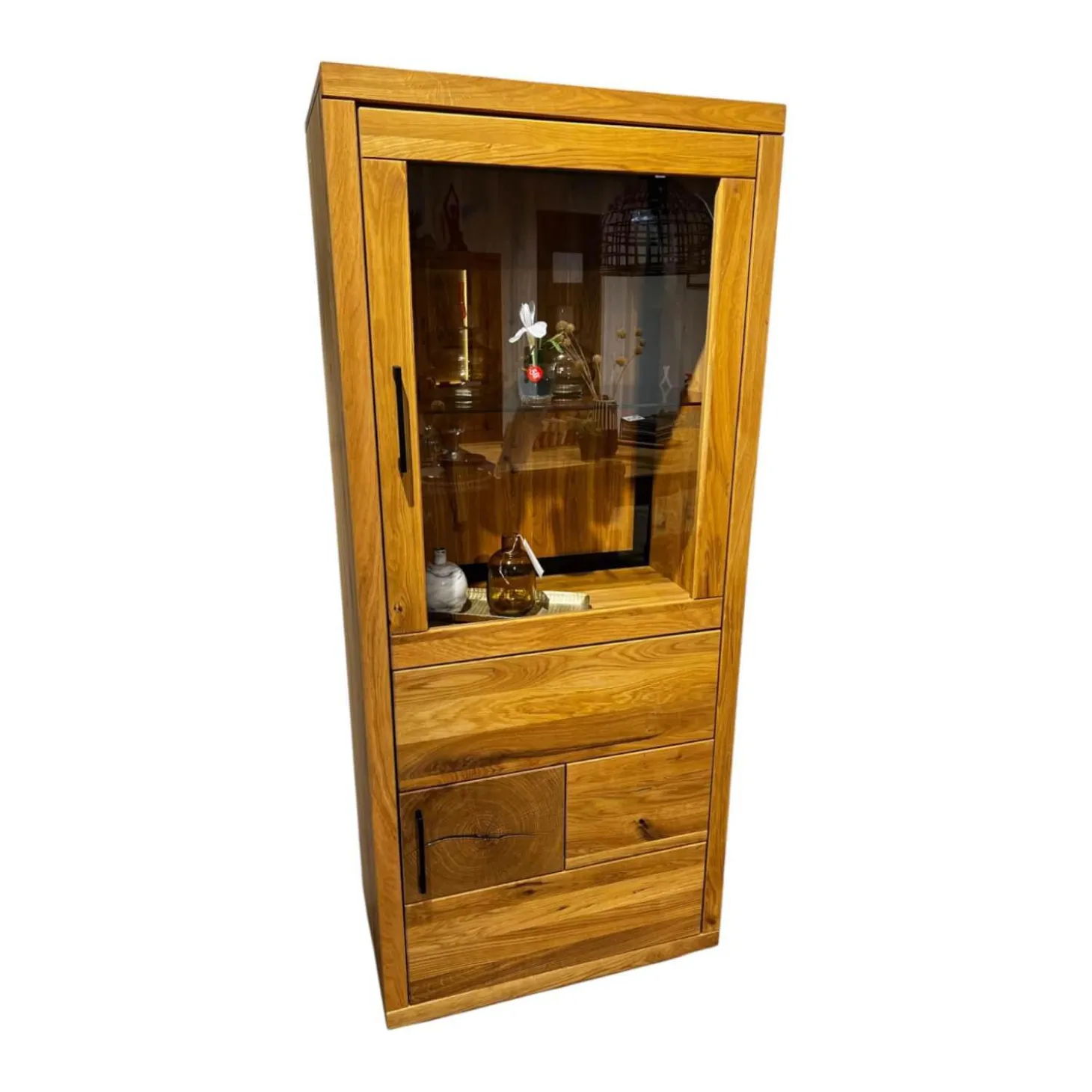 Highboard Hartford Eiche Natur Geölt Rückwand Massiv Sandgestrahlt Mit Hirnholz Inklusive Beleuchtung