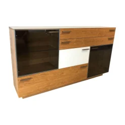 Highboard Kitzalm Montana Kernasteiche Natur Gebürstet Akzent Satinglas Snow Grau