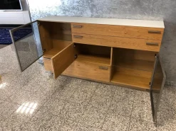 Highboard Kitzalm Montana Kernasteiche Natur Gebürstet Akzent Satinglas Snow Grau