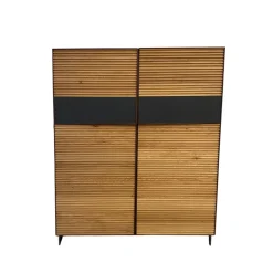 Highboard Schrank Tratum Klein Knorrige Eiche Natur Geölt Glas Dunkelgrau Matt Mit Lamellenfronten