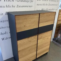 Highboard Schrank Tratum Klein Knorrige Eiche Natur Geölt Glas Dunkelgrau Matt Mit Lamellenfronten