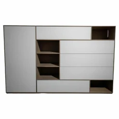 Highboard Sigma Eiche Massiv Schiefergrau Front Glas Weiß
