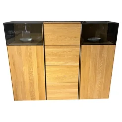 Highboard Terso Rustikale Asteiche Bianco Massiv Geölt Glas Dunkel Mit LED Beleuchtung