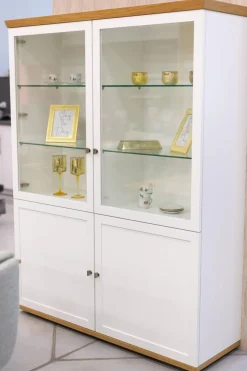Highboard Vitrine Chalera Lack Reinweiß Natur Eiche