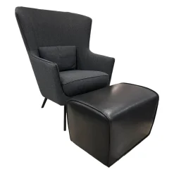 Hochlehnsessel Lilou Stoff Rye Schwarzgrau Fuß Schwarz mit Hocker Derby