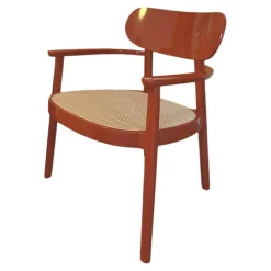 Holzsessel 119F Hochglanzlack Dunkelrot Sitzfläche Rohrgeflecht Gleiter Kunststoff Braun Mit Filz Mit Armlehnen