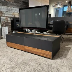 Home-Entertainment Raumteilerkorpus Mit TV-Säule Abdeckplatte Farbglas Schwarz Matt Nussbaum Natur Geölt