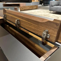 Home-Entertainment Raumteilerkorpus Mit TV-Säule Abdeckplatte Farbglas Schwarz Matt Nussbaum Natur Geölt