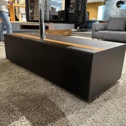 Home-Entertainment Raumteilerkorpus Mit TV-Säule Abdeckplatte Farbglas Schwarz Matt Nussbaum Natur Geölt