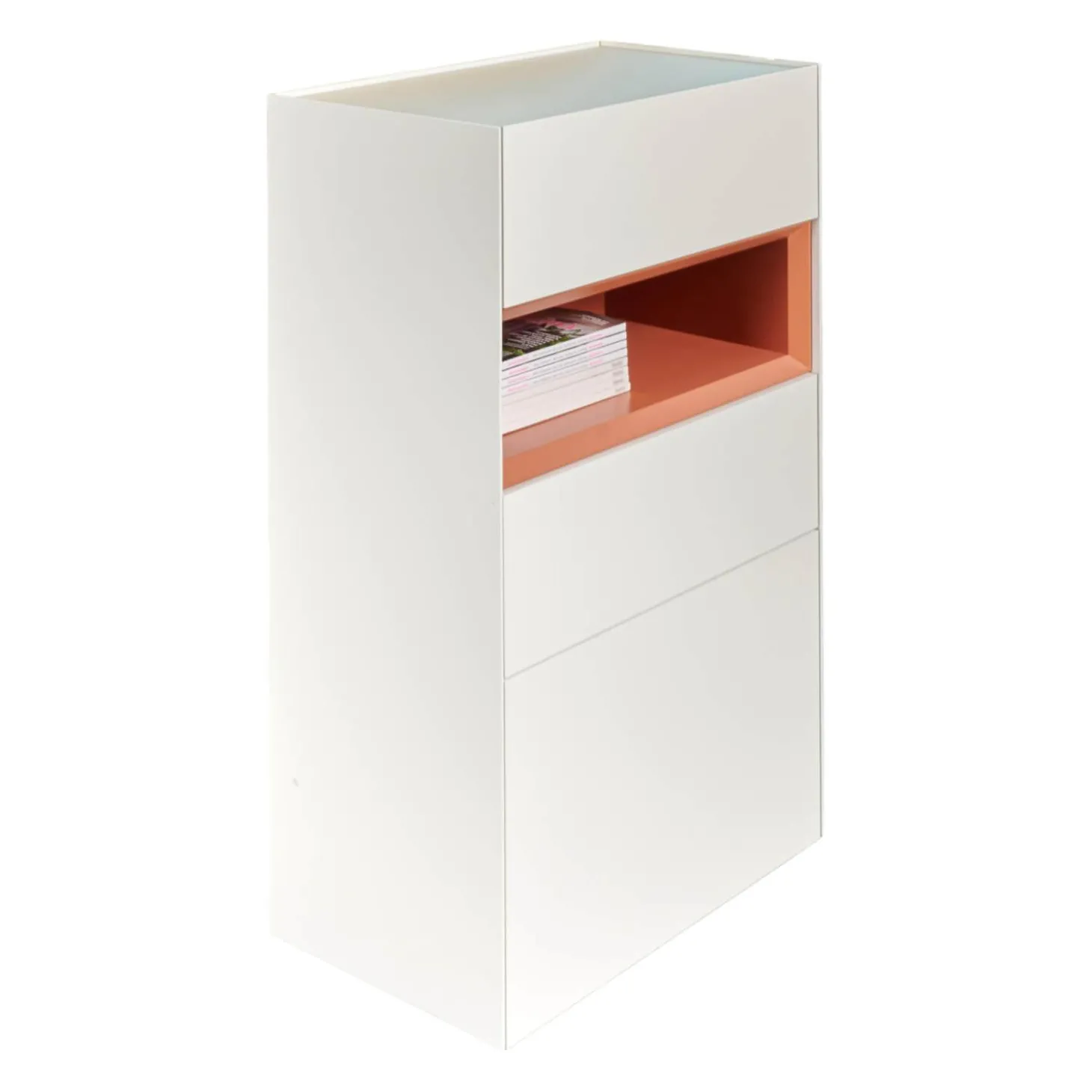 Kommode Cube Light Spanplatte Mattlack Schneeweiß Guave Abdeckplatte Glas