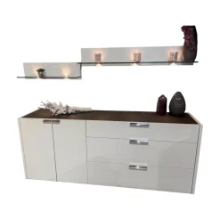Kommode Fena Lack Pure White Weiß Mit Wandboard Glas Und Beleuchtung