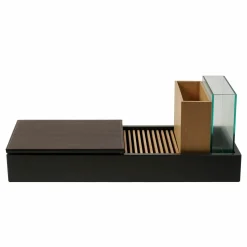 Konsole Hesperide Lack Schieferschwarz Lederauflage Braun Accessoires Eiche Hell Geölt