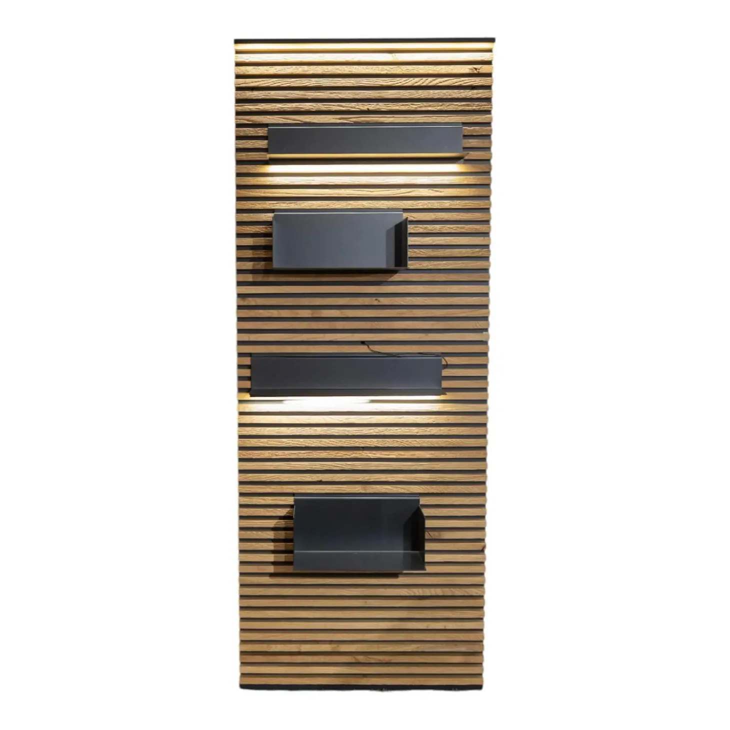 Lamellenpaneel Yonna Kerneiche Natur Gebürstet Mit 4 Regalböden Metall Anthrazit Und Beleuchtung