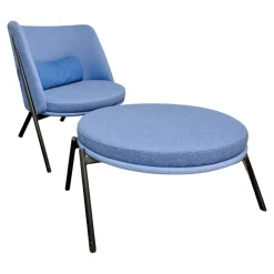 Loungesessel DS70 Stoff Dama 75 Mittelblau Blau Gestell Schwarz Pulverbeschichtet Mit Kissen Und Hocker