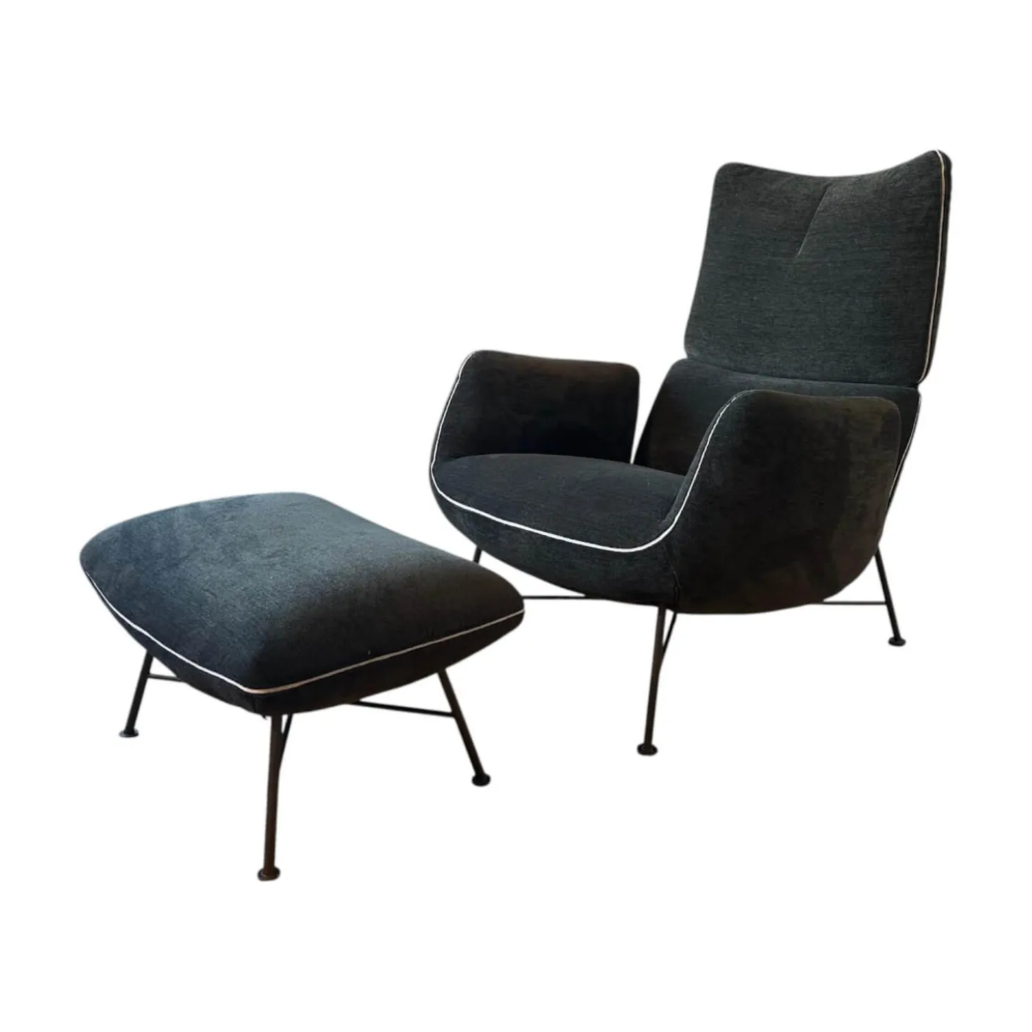 Loungesessel Jalis Niedrig Stoff 8144 Braun Grün Drahtgestell F01 Feinstruktur Schwarz Mit Hocker