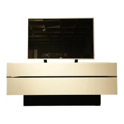 Lowboard BR 1503 Brick Glas Snow Weiß Lackiert Mit Soundsockel Und Lautsprecher Ohne Fernseher