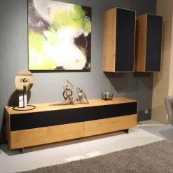 Lowboard Farn Media Holz Knorrige Eiche Puro Geölt Akustikstoff Schwarz Mit 2 Hängeschränken