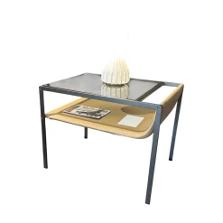 Nachttisch Quiet Lines Platte Rauchglas Leder Kasia 315 Wüstenfarben Braun Gestell Nickel Bronzefarben Lackiert