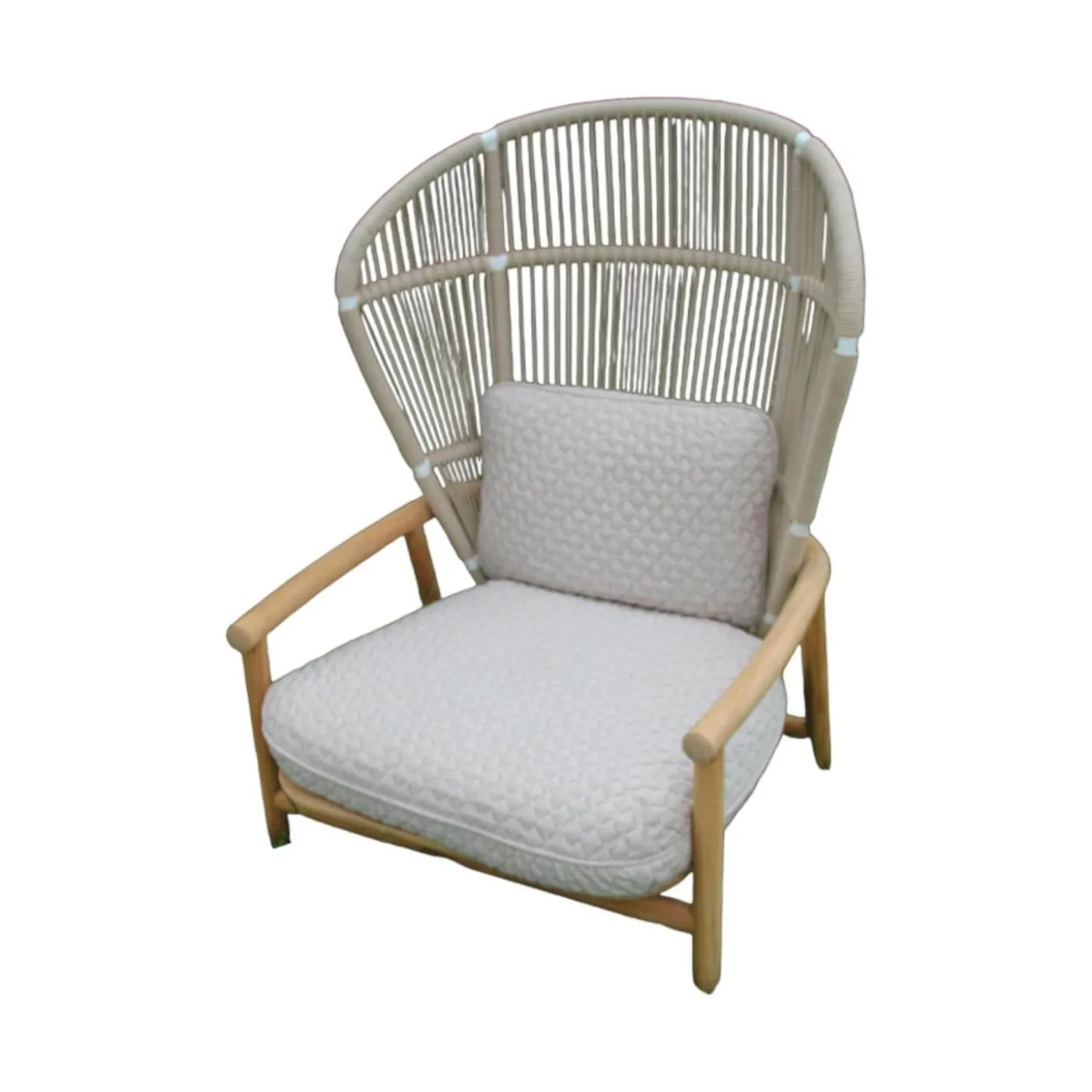 Outdoor Loungesessel Fern Rücken Gewebt Seil White Dune Weiß Hellgrau Gestell Teakholz Kissen Stoff Wave Buff Hellfrau Weiß