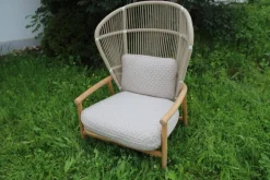 Outdoor Loungesessel Fern Rücken Gewebt Seil White Dune Weiß Hellgrau Gestell Teakholz Kissen Stoff Wave Buff Hellfrau Weiß