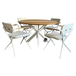 Outdoorgruppe Tisch Traverse Platte Teakholz 4 Stühle Exes Bezug Stoff Creme Gestell Aluminium Weiß