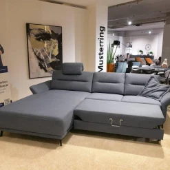 Polstergarnitur MR 375 Stoff Picasso Jeans Grau Füße Metall 245 Schwarz Matt Mit Stauraumfunktion Und Kissen