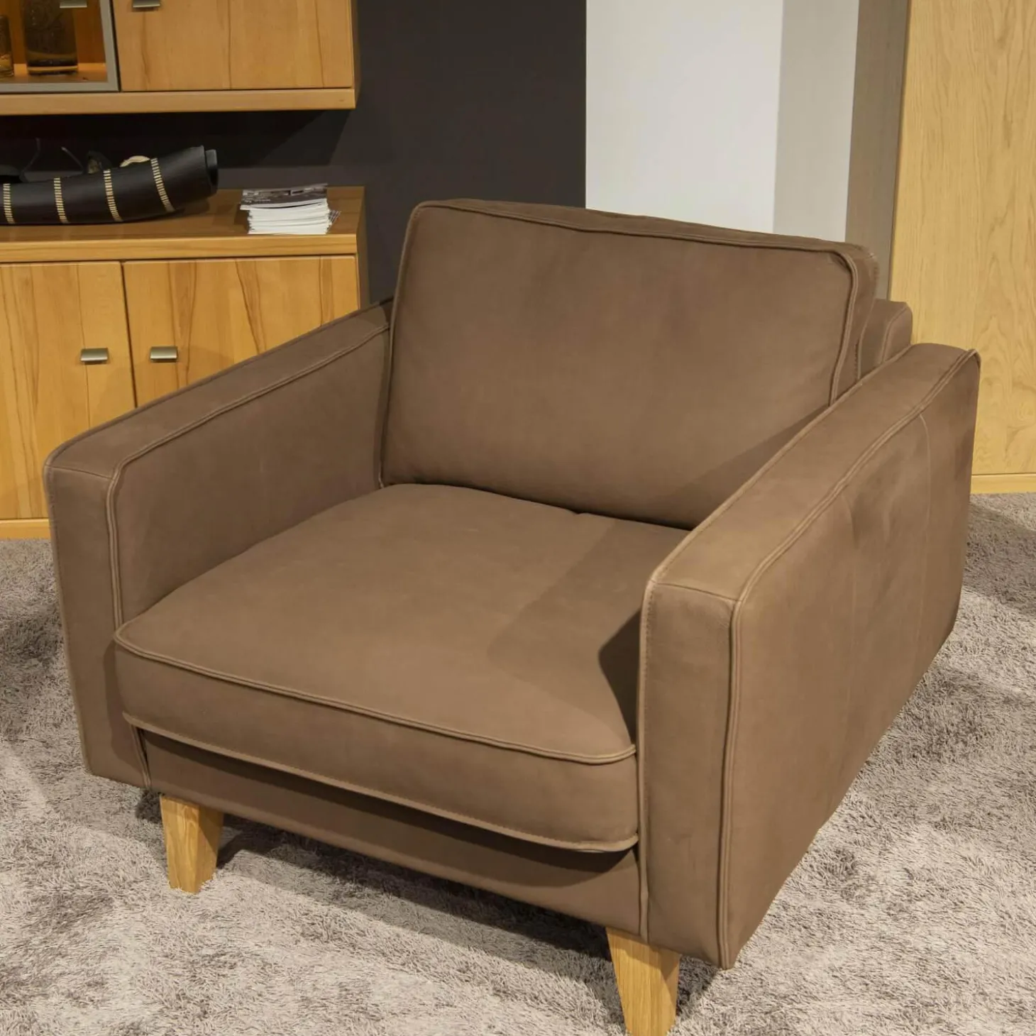 Polstergruppe Elian 3er-Set Leder W11 Farbe Chocolate Füße Eiche Geölt