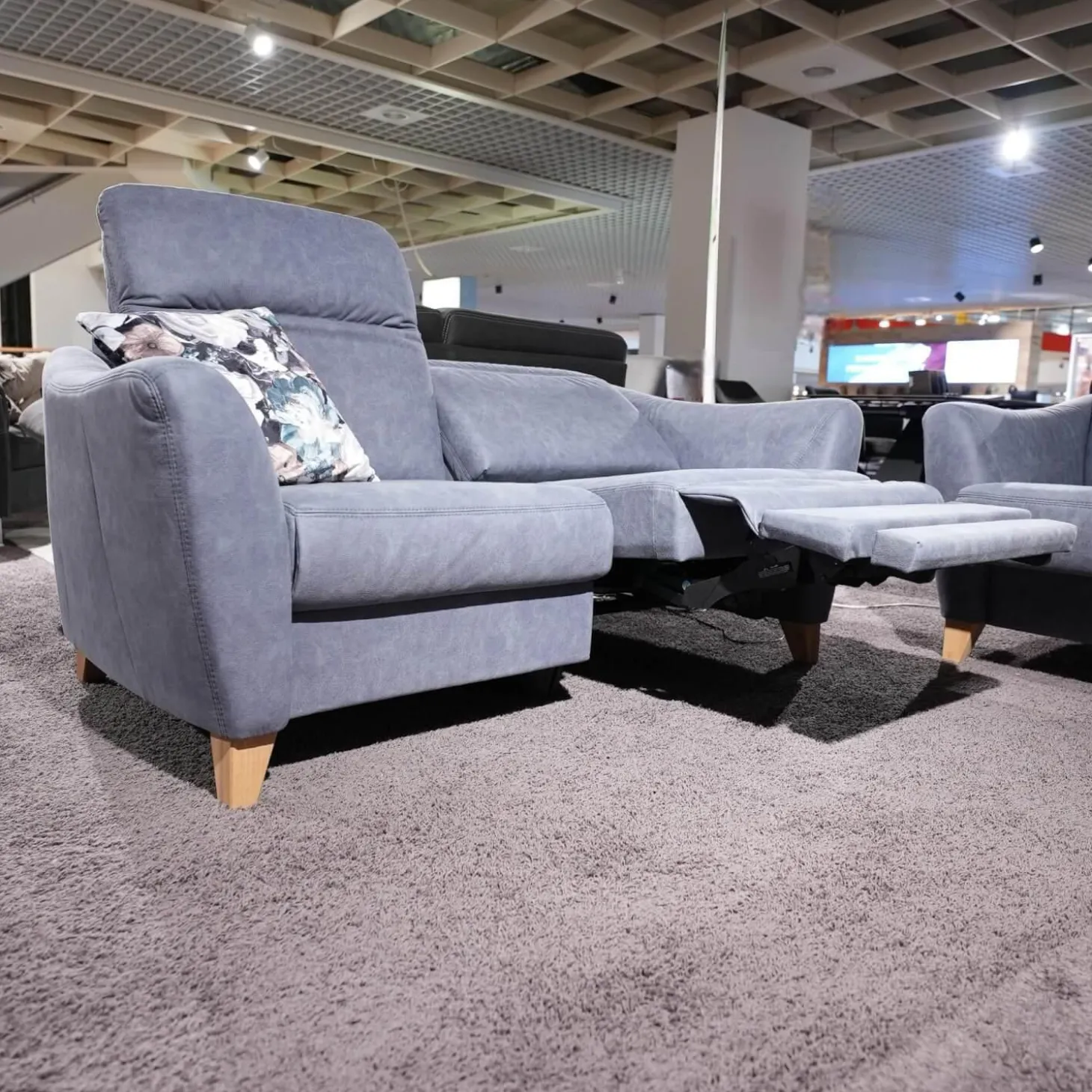 Polstergruppe Prato Leder 877 02 Grau Blau Fuß F912 Eiche Bianco Inklusive Kissen