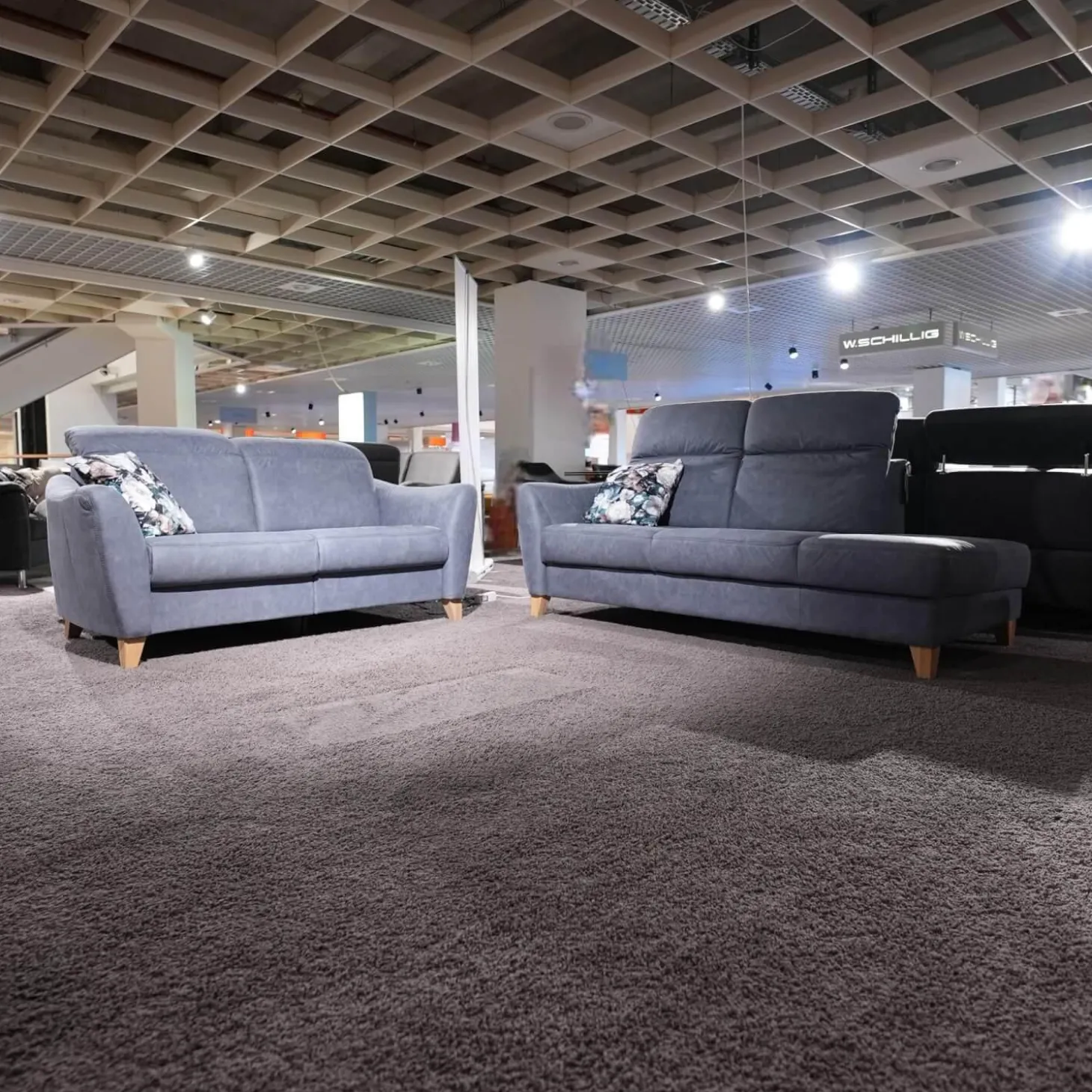 Polstergruppe Prato Leder 877 02 Grau Blau Fuß F912 Eiche Bianco Inklusive Kissen