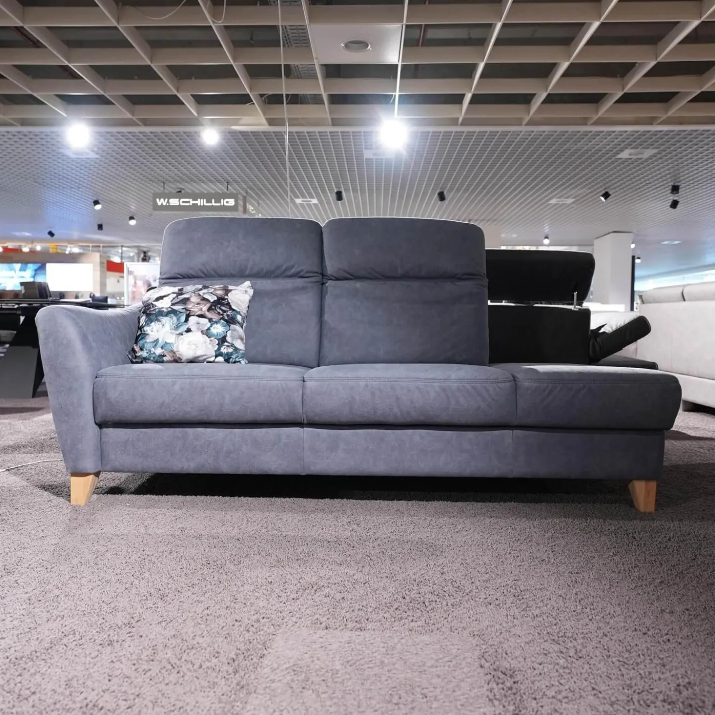 Polstergruppe Prato Leder 877 02 Grau Blau Fuß F912 Eiche Bianco Inklusive Kissen