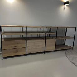 Regalsystem BC06 RooM68 Holzteile Eiche Massiv Geräuchert Weiß Roheffekt Alustreben Schwarz Eloxiert