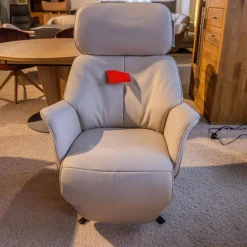 Relaxsessel 7363 Bezug Leder 24 Longru Nebel Beige Grau Holz Wildeiche Sternfuß Anthrazit Mit Elektrischer Kopfteilverstellung