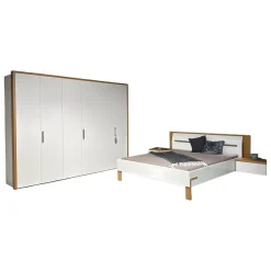 Schlafzimmer Dream Lack Reinweiss Akzent Natureiche Kunstleder Struktur Taupe Grau Griffe Chrom Glänzend