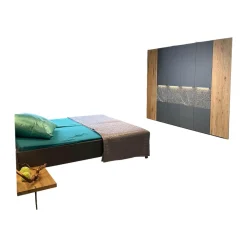 Schlafzimmer Milo Wildeiche Massiv Gebürstet Lack Graphit Akzent Naturstein Grau Füße Metall Titan Grau Mit Beleuchtung