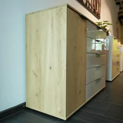 Schlafzimmer Modena Plus Eiche Bianco Glas Leder Champagner Inklusive LED Flexleuchten Bett Ohne Matratze Ohne Lattenrost