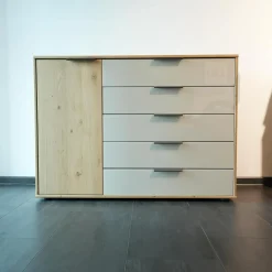 Schlafzimmer Modena Plus Eiche Bianco Glas Leder Champagner Inklusive LED Flexleuchten Bett Ohne Matratze Ohne Lattenrost