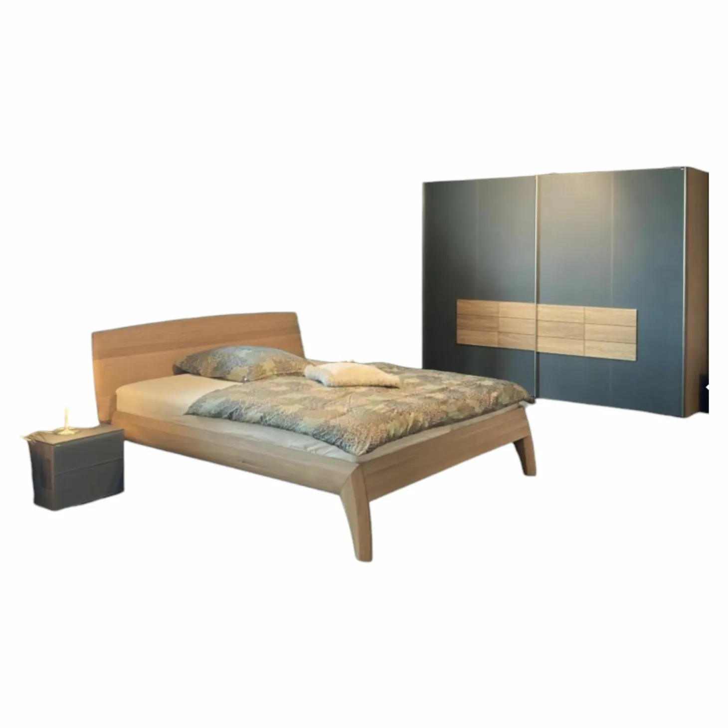 Schlafzimmer V-Montanara Geölte Wildeiche Glasfront Montegrau Bett Kleiderschrank